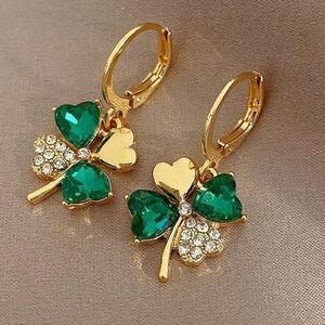 Elegant Gold and Green Clover Earrings, Cubic Zirconia Four Leaf Clover Earrings